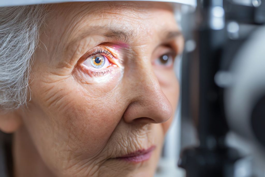 Una signora anziana si sottopone a una visita per diagnosticare cataratta da operare con sostituzione del cristallino